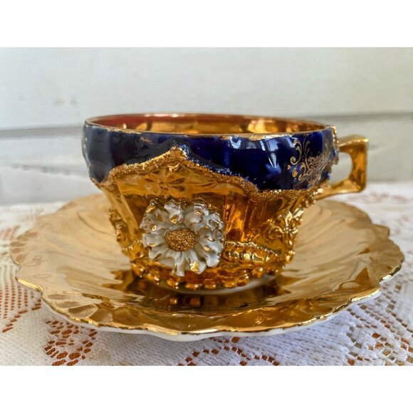 Antique German Porcelain Teacup Saucer Heavy Gold Cobalt Blue 3D Flower - Picture 1 of 16